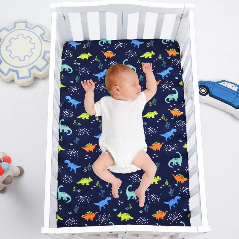 PHF 3 Pack Soft Mini Crib Sheets, Dinosaur Pack N Play Sheets for Baby Boys Girls, No Slip Universal Fit for Pack N Play, Playard, Portable and Mini Crib Mattresses,Navy Dinosaur - Image 2